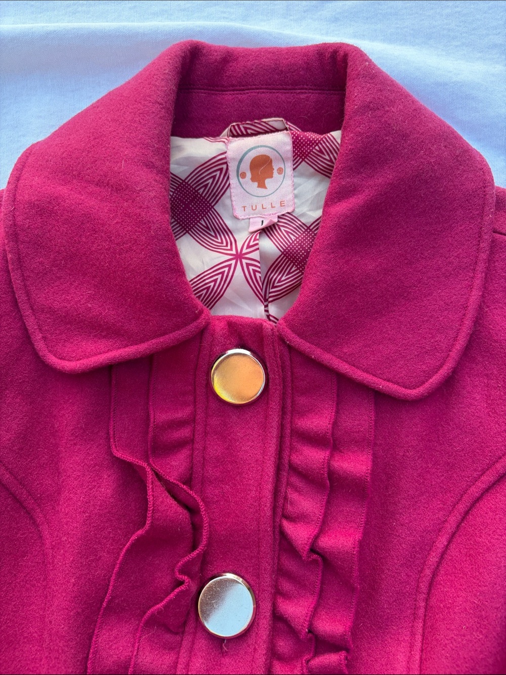 Tulle ruffled pink pea coat with large silver buttons